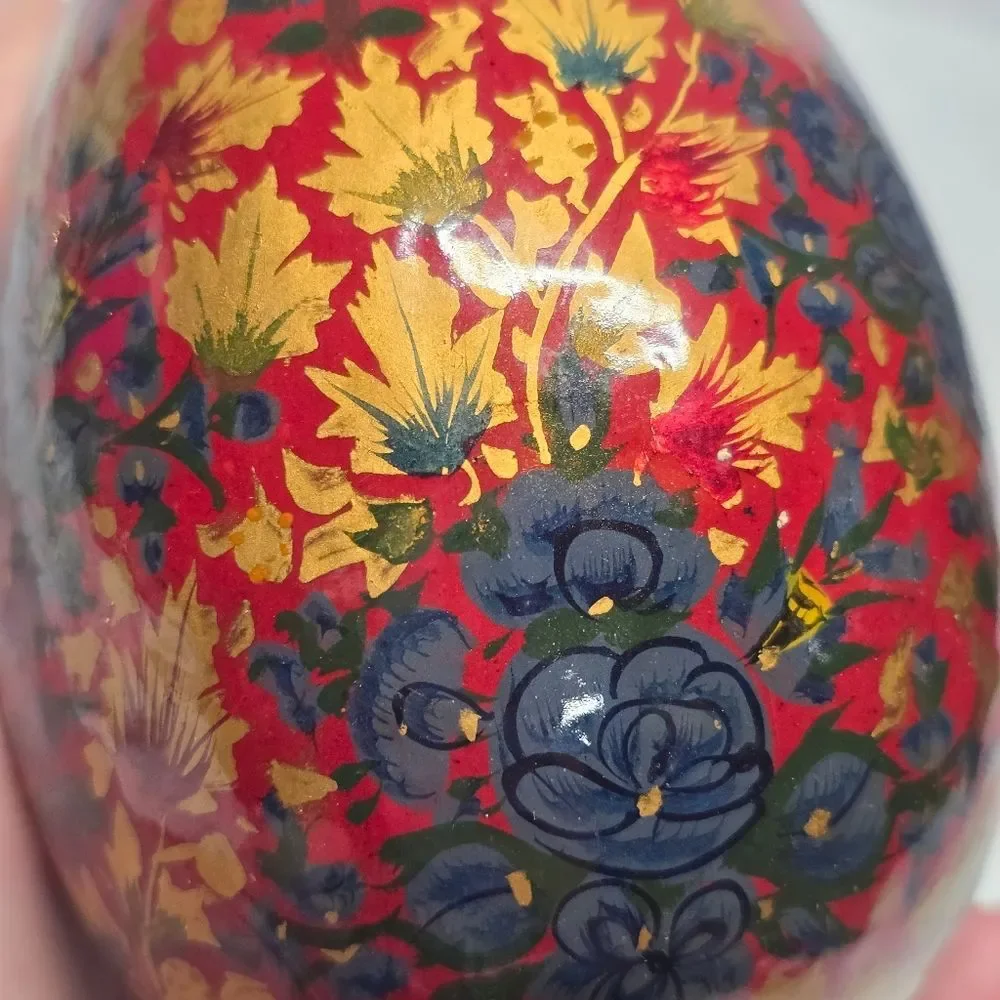 Vintage Handpainted Russian Folk Art Lacquered Papier Mache Floral Easter Egg